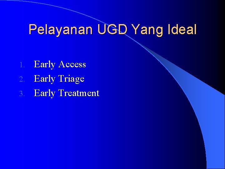 Pelayanan UGD Yang Ideal Early Access 2. Early Triage 3. Early Treatment 1. 