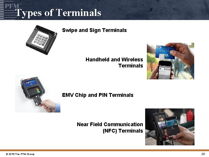 Types of Terminals Swipe and Sign Terminals Handheld and Wireless Terminals EMV Chip and