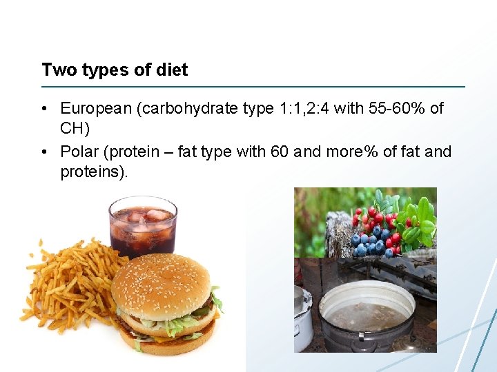 Two types of diet • European (carbohydrate type 1: 1, 2: 4 with 55