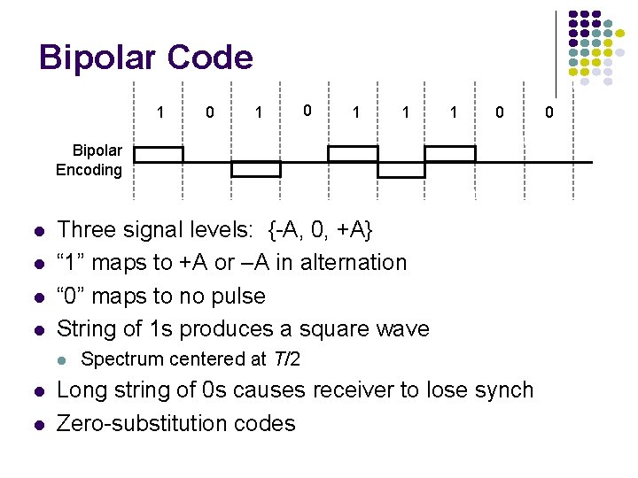 Bipolar Code 1 0 1 1 1 0 Bipolar Encoding l l Three signal