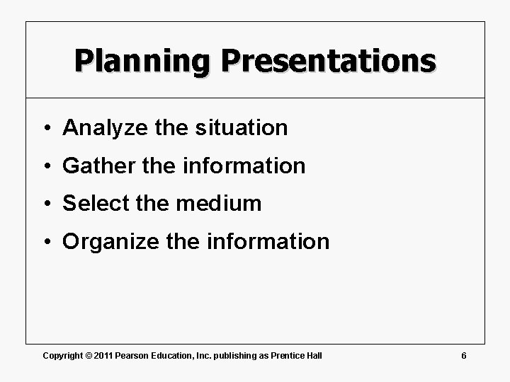 Planning Presentations • Analyze the situation • Gather the information • Select the medium