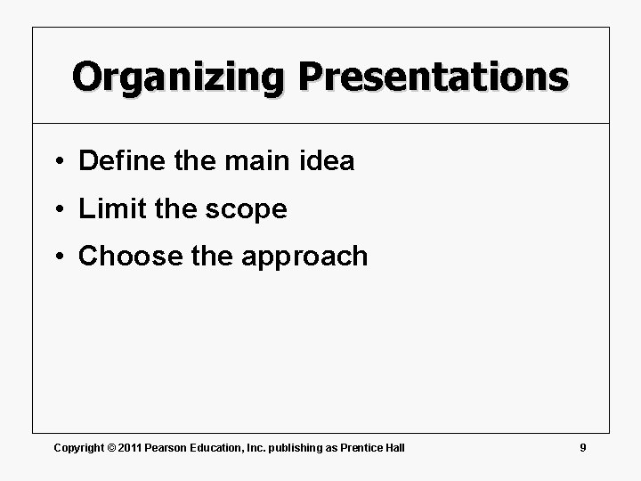 Organizing Presentations • Define the main idea • Limit the scope • Choose the