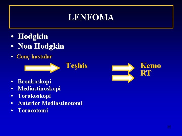 LENFOMA • Hodgkin • Non Hodgkin • Genç hastalar Teşhis • • • Kemo