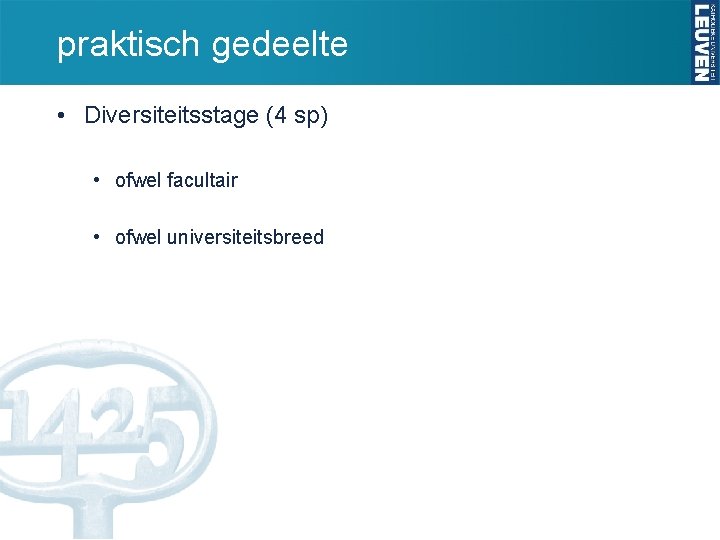 praktisch gedeelte • Diversiteitsstage (4 sp) • ofwel facultair • ofwel universiteitsbreed 