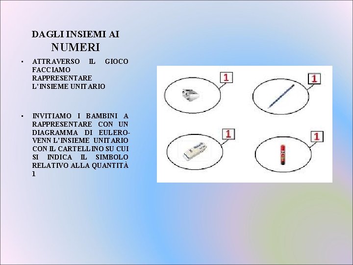 DAGLI INSIEMI AI NUMERI • ATTRAVERSO IL GIOCO FACCIAMO RAPPRESENTARE L’INSIEME UNITARIO • INVITIAMO