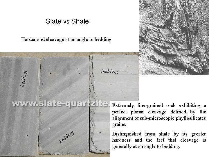 Slate vs Shale Harder and cleavage at an angle to bedding Extremely fine-grained rock