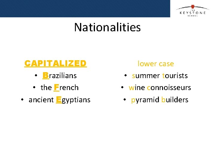 Nationalities CAPITALIZED • Brazilians • the French • ancient Egyptians lower case • summer
