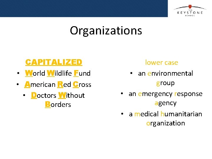 Organizations CAPITALIZED • World Wildlife Fund • American Red Cross • Doctors Without Borders