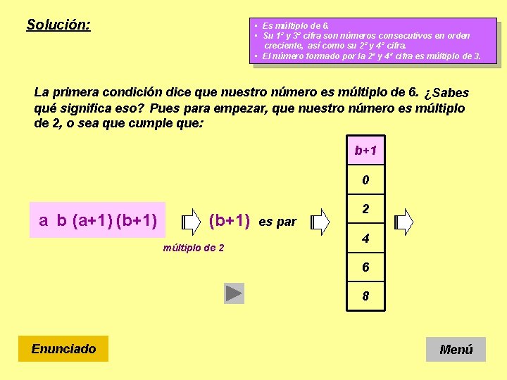 Solución: • Es múltiplo de 6. • Su 1ª y 3ª cifra son números