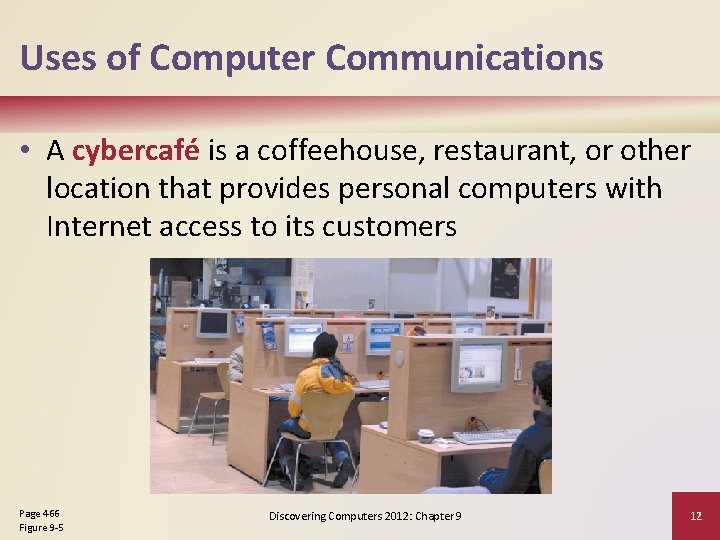 Uses of Computer Communications • A cybercafé is a coffeehouse, restaurant, or other location