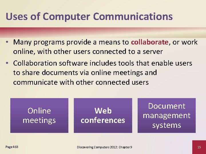 Uses of Computer Communications • Many programs provide a means to collaborate, or work