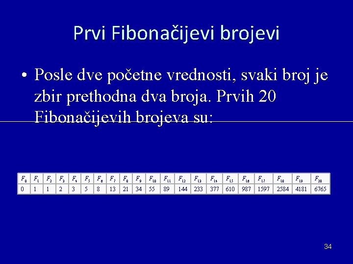 Prvi Fibonačijevi brojevi • Posle dve početne vrednosti, svaki broj je zbir prethodna dva Prvi Fibonačijevi brojevi • Posle dve početne vrednosti, svaki broj je zbir prethodna dva