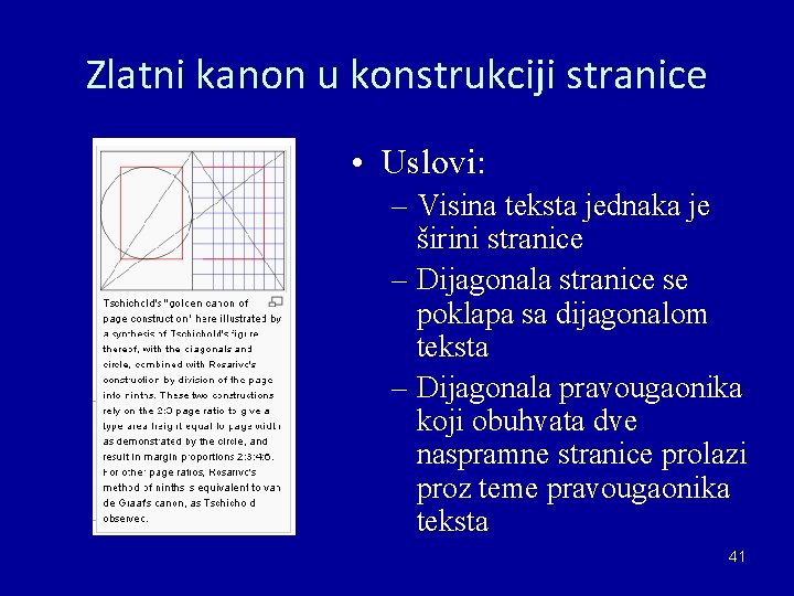Zlatni kanon u konstrukciji stranice • Uslovi: – Visina teksta jednaka je širini stranice Zlatni kanon u konstrukciji stranice • Uslovi: – Visina teksta jednaka je širini stranice