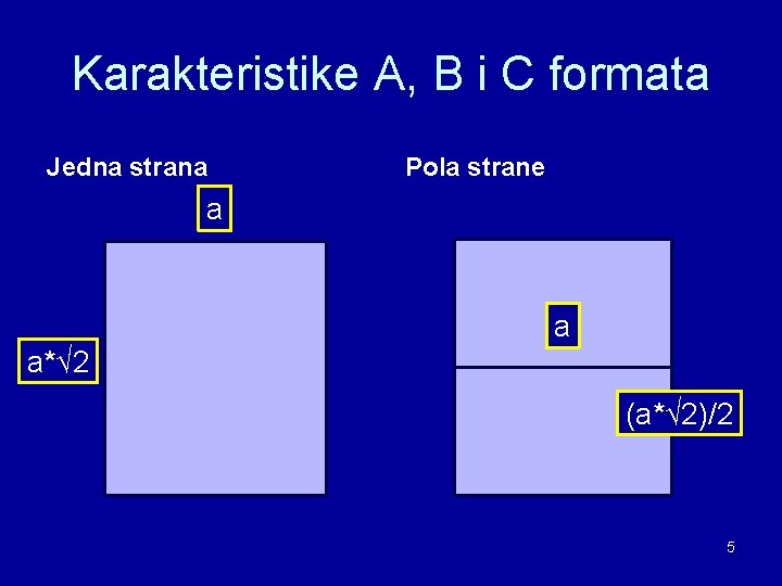 Karakteristike A, B i C formata Jedna strana Pola strane a a a*√ 2 Karakteristike A, B i C formata Jedna strana Pola strane a a a*√ 2
