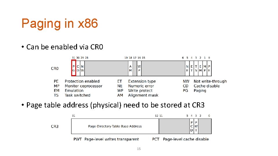 Paging in x 86 • Can be enabled via CR 0 • Page table