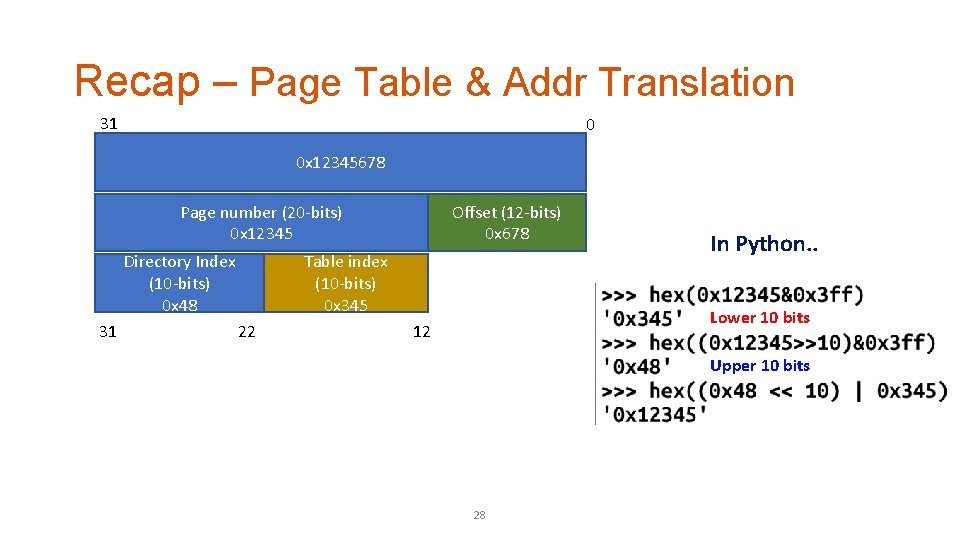 Recap – Page Table & Addr Translation 31 0 0 x 12345678 Offset (12