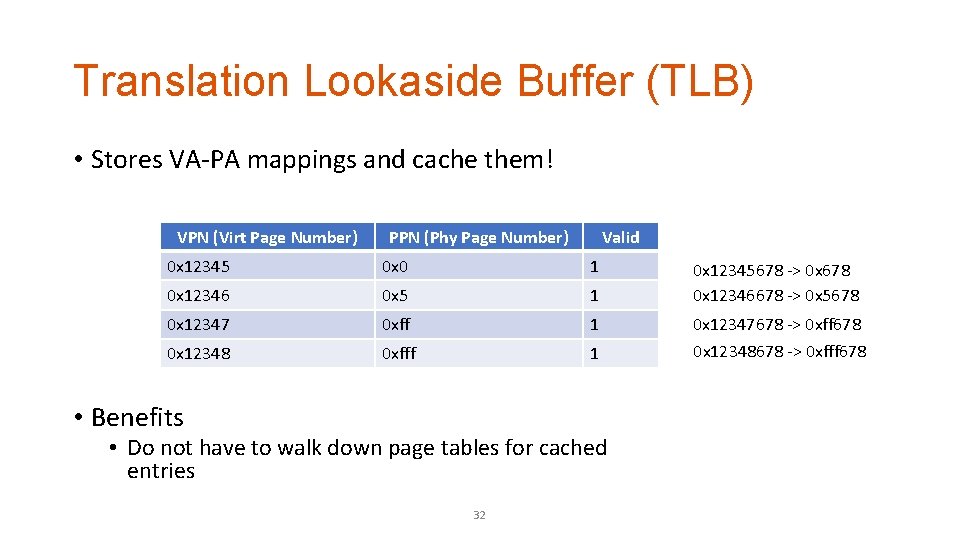 Translation Lookaside Buffer (TLB) • Stores VA-PA mappings and cache them! VPN (Virt Page