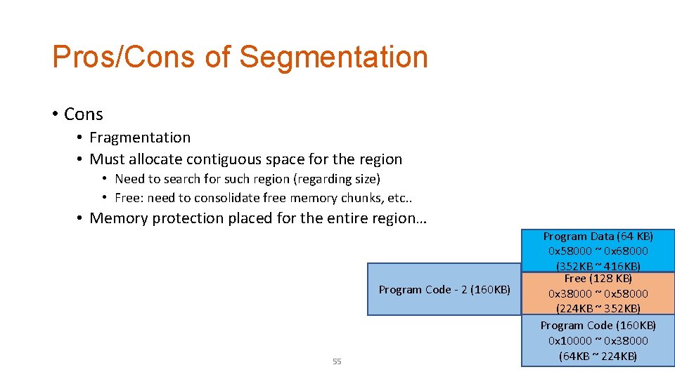 Pros/Cons of Segmentation • Cons • Fragmentation • Must allocate contiguous space for the