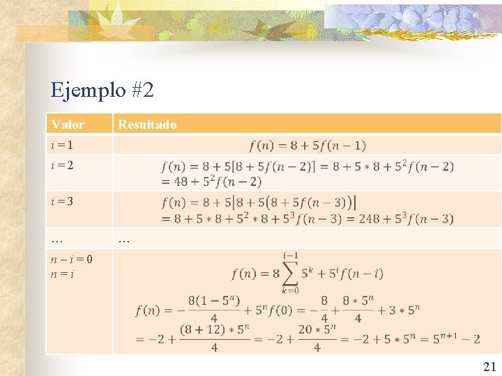 Ejemplo #2 Valor Resultado i = 1 i = 2 i = 3 …