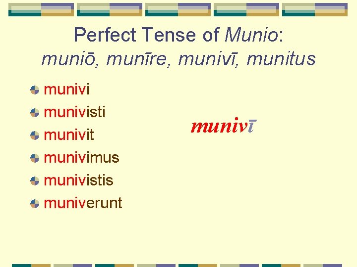 Perfect Tense of Munio: muniō, munīre, munivī, munitus munivisti munivit munivimus munivistis muniverunt munivī Perfect Tense of Munio: muniō, munīre, munivī, munitus munivisti munivit munivimus munivistis muniverunt munivī