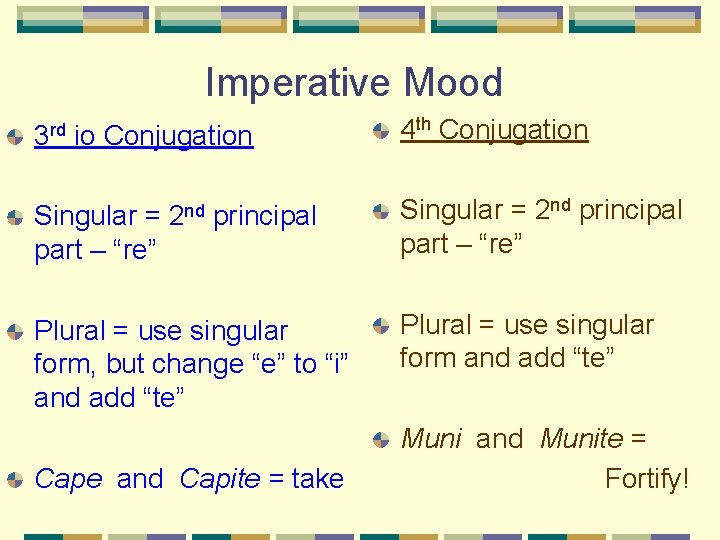 Imperative Mood 3 rd io Conjugation Singular = part – “re” 2 nd principal Imperative Mood 3 rd io Conjugation Singular = part – “re” 2 nd principal