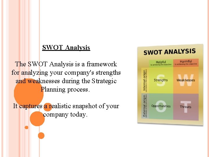 SWOT Analysis The SWOT Analysis is a framework for analyzing your company's strengths and