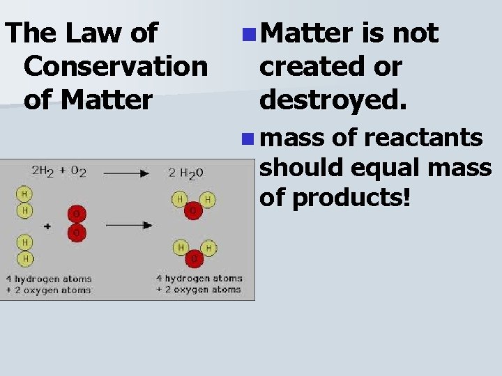 The Law of Conservation of Matter n Matter is not created or destroyed. n