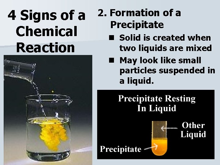 4 Signs of a Chemical Reaction 2. Formation of a Precipitate n Solid is