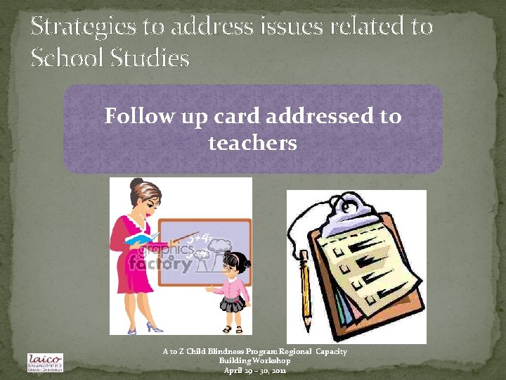 Strategies to address issues related to School Studies Follow up card addressed to teachers