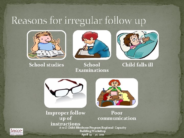 Reasons for irregular follow up School studies School Examinations Improper follow up of instructions