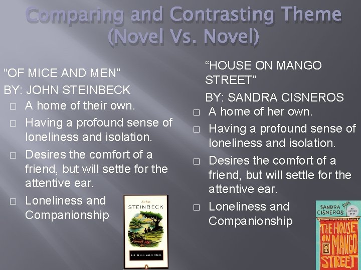 Comparing and Contrasting Theme (Novel Vs. Novel) “OF MICE AND MEN” BY: JOHN STEINBECK