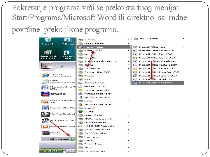 Pokretanje programa vrši se preko startnog menija: Start/Programs/Microsoft Word ili direktno sa radne površine