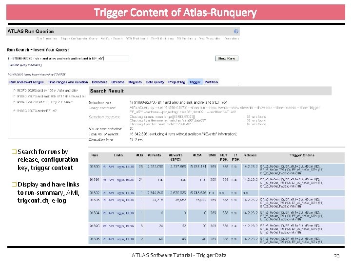 Trigger Content of Atlas-Runquery � Search for runs by release, configuration key, trigger content