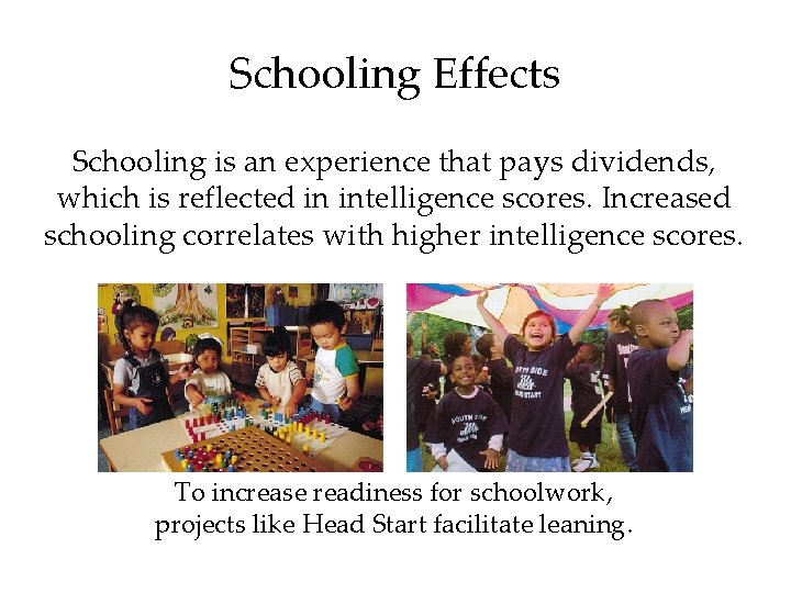 Schooling Effects Schooling is an experience that pays dividends, which is reflected in intelligence Schooling Effects Schooling is an experience that pays dividends, which is reflected in intelligence