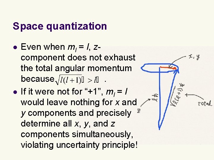 Space quantization l l Even when ml = l, zcomponent does not exhaust the