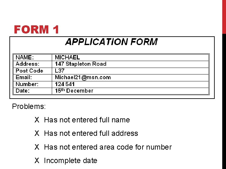 FORM 1 Problems: X Has not entered full name X Has not entered full