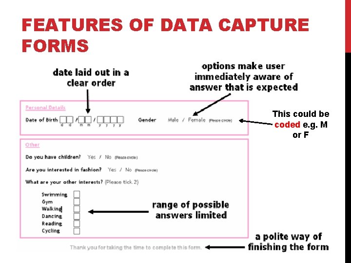 FEATURES OF DATA CAPTURE FORMS This could be coded e. g. M or F