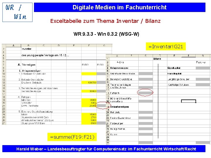 Digitale Medien im Fachunterricht Exceltabelle zum Thema Inventar / Bilanz WR 9. 3. 3