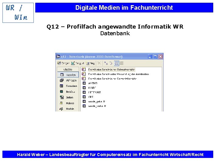 Digitale Medien im Fachunterricht Q 12 – Profilfach angewandte Informatik WR Datenbank Harald Weber