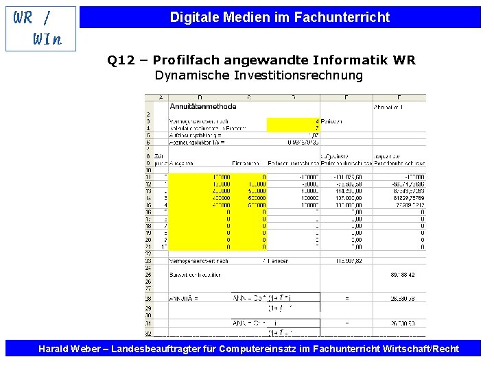 Digitale Medien im Fachunterricht Q 12 – Profilfach angewandte Informatik WR Dynamische Investitionsrechnung Harald