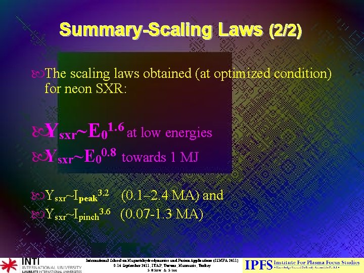 Summary-Scaling Laws (2/2) The scaling laws obtained (at optimized condition) for neon SXR: Ysxr~E Summary-Scaling Laws (2/2) The scaling laws obtained (at optimized condition) for neon SXR: Ysxr~E