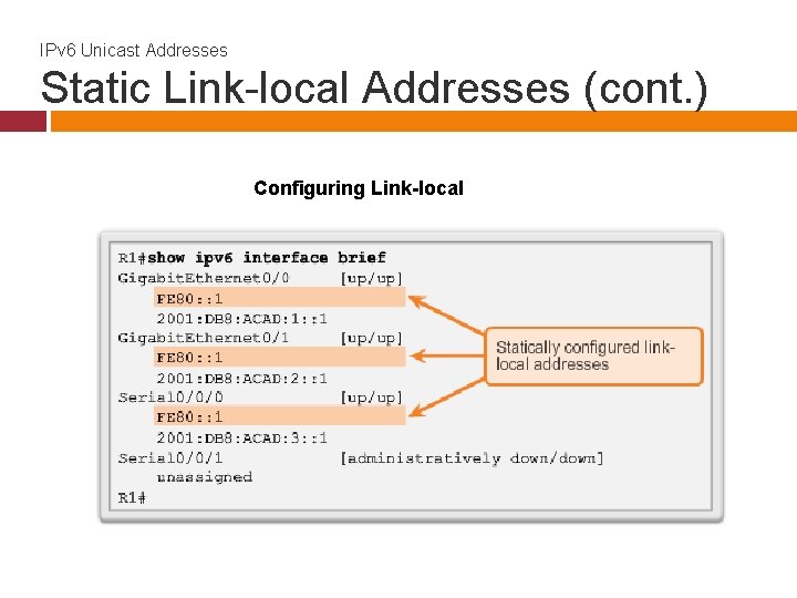IPv 6 Unicast Addresses Static Link-local Addresses (cont. ) Configuring Link-local 