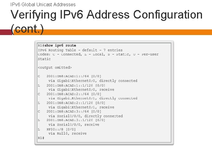 IPv 6 Global Unicast Addresses Verifying IPv 6 Address Configuration (cont. ) 