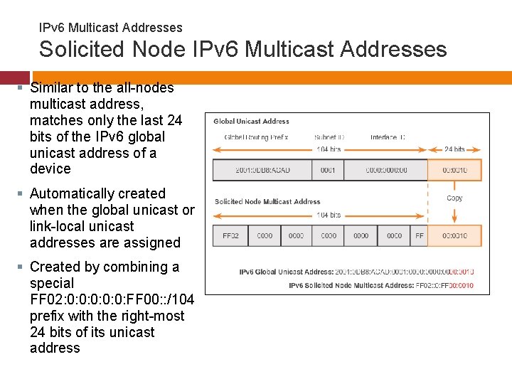 IPv 6 Multicast Addresses Solicited Node IPv 6 Multicast Addresses § Similar to the