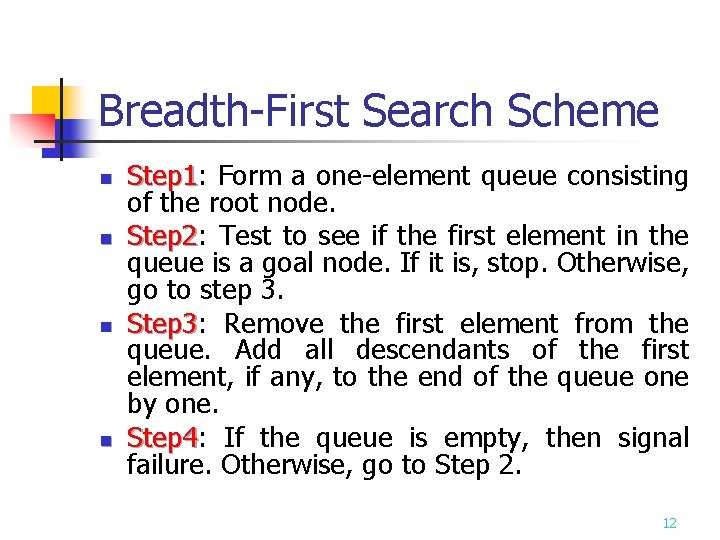 Breadth-First Search Scheme n n Step 1: Step 1 Form a one-element queue consisting