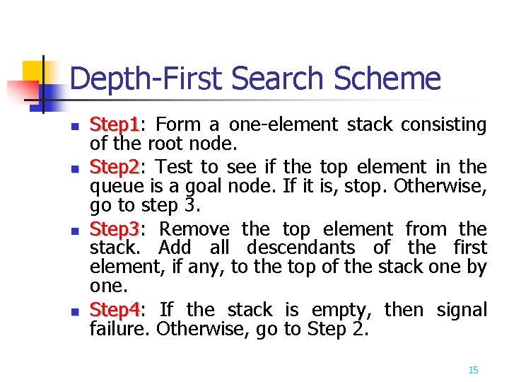 Depth-First Search Scheme n n Step 1: Step 1 Form a one-element stack consisting