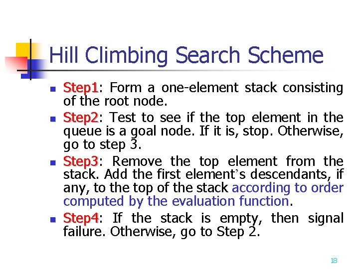 Hill Climbing Search Scheme n n Step 1: Step 1 Form a one-element stack