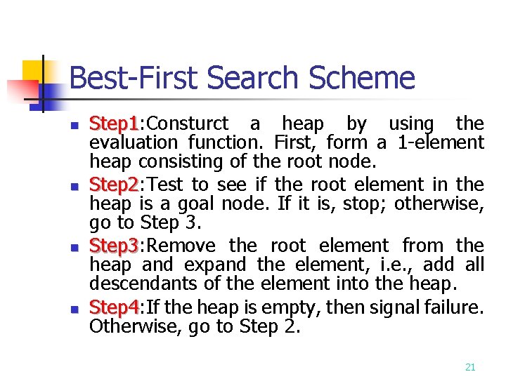 Best-First Search Scheme n n Step 1: Consturct a heap by using the Step