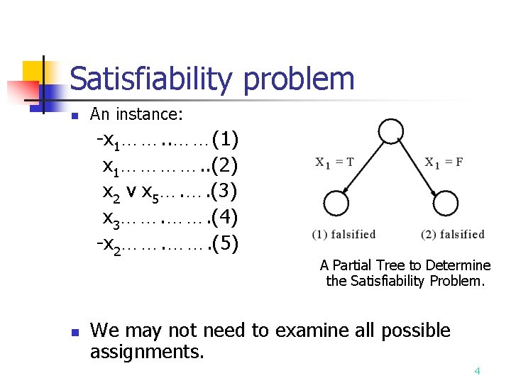 Satisfiability problem n An instance: -x 1……. . ……(1) x 1…………. . (2) x