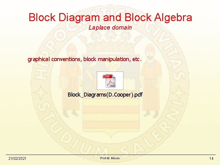 Block Diagram and Block Algebra Laplace domain graphical conventions, block manipulation, etc. Block_Diagrams(D. Cooper).